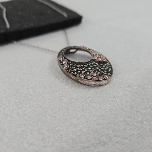 Marcasite & Crystal 17" Necklace Oval Pendant NF 925 Sterling Silver Thailand - Picture 8 of 10